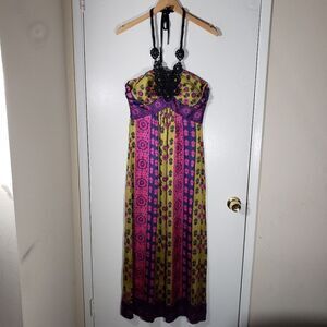 Kale Bob Silk Blend Colorful Boho Sleeveless Maxi Dress Size XS
